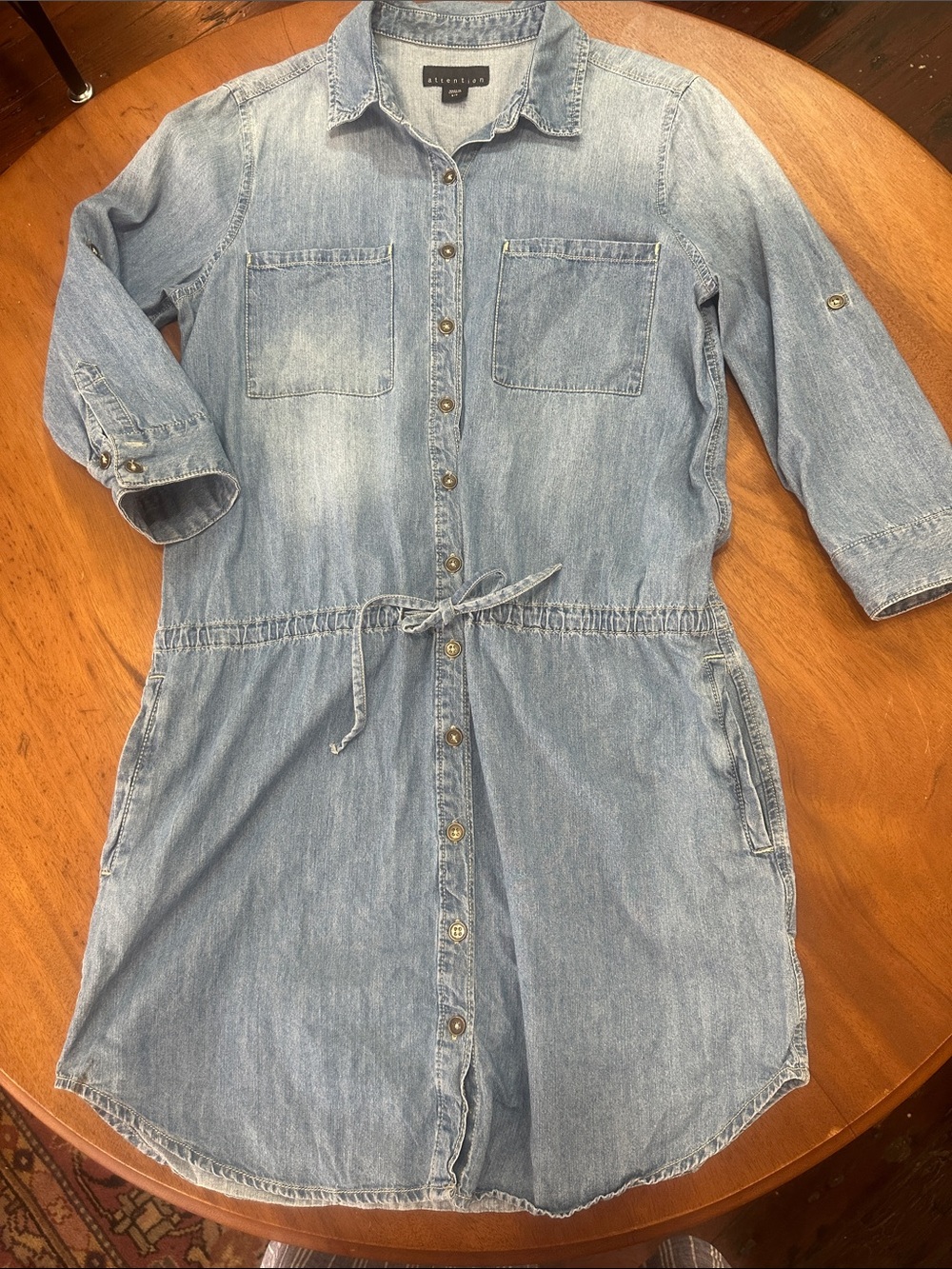 Attention Light Blue Denim Shirt Dress with Drawstring Waist Size Small